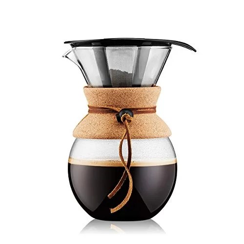 bodum 11571 109 pour over coffee maker with permanent filter, glass, 34 ounce, 1 liter, cork band