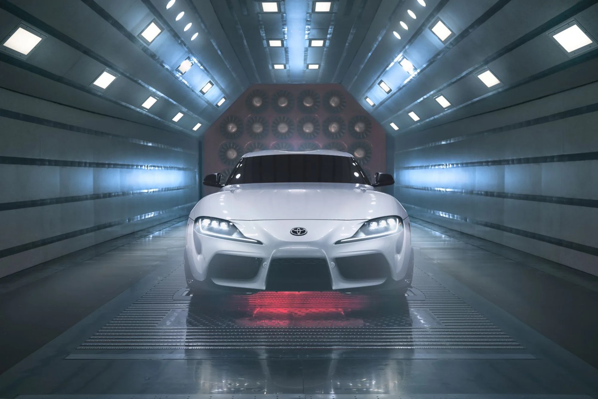 2022 toyota supra in a wind tunnel