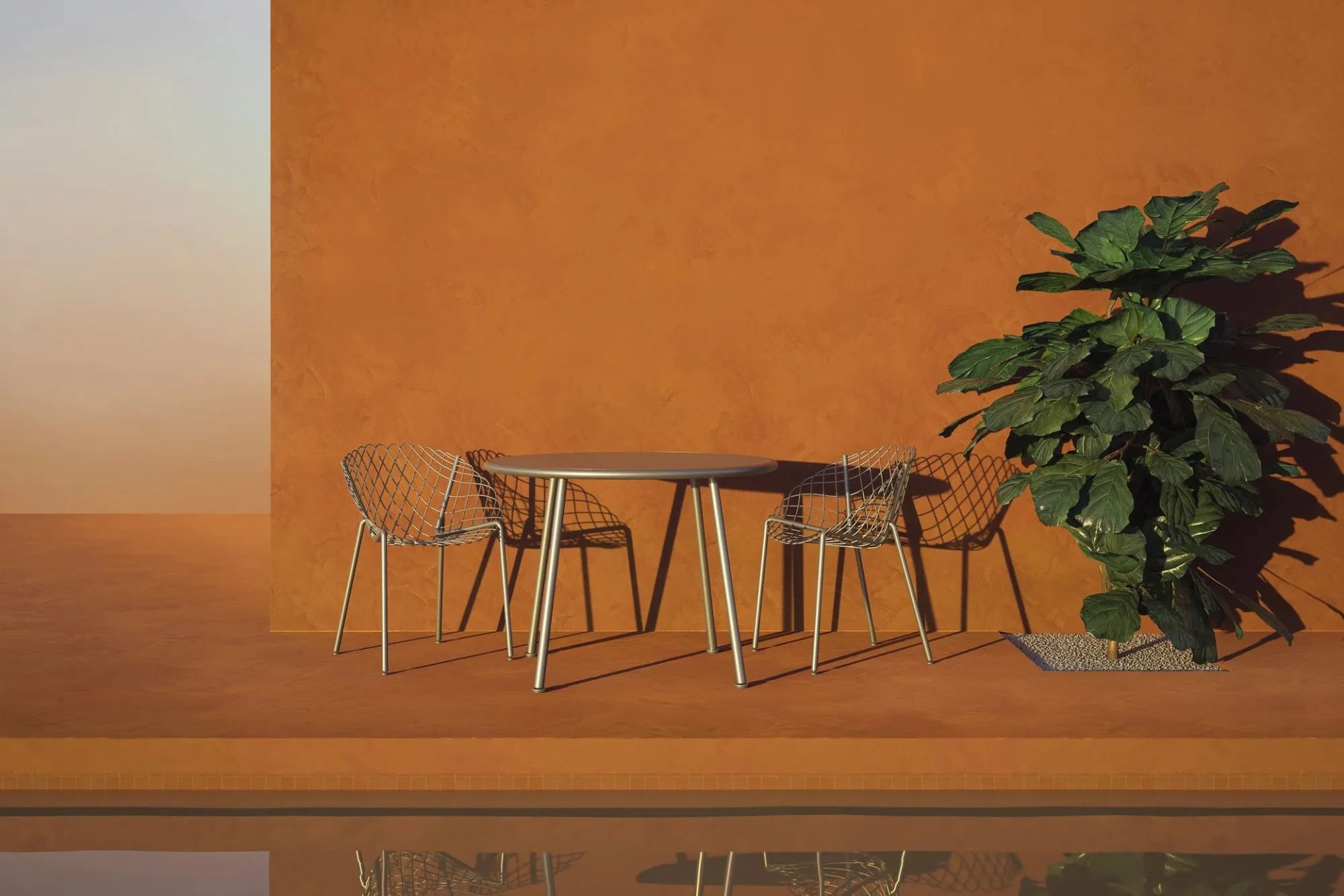 dims logos outdoor furniture patio set next to large plant