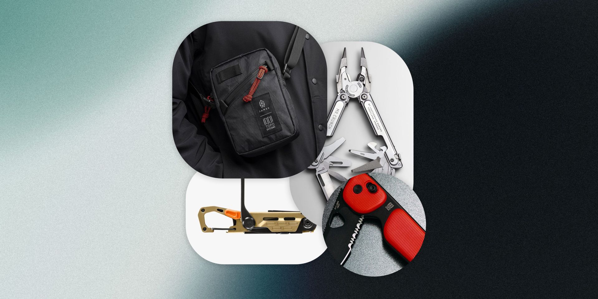 gerber stake out, leatherman mr crunch, topo designs x james brand utility capsule