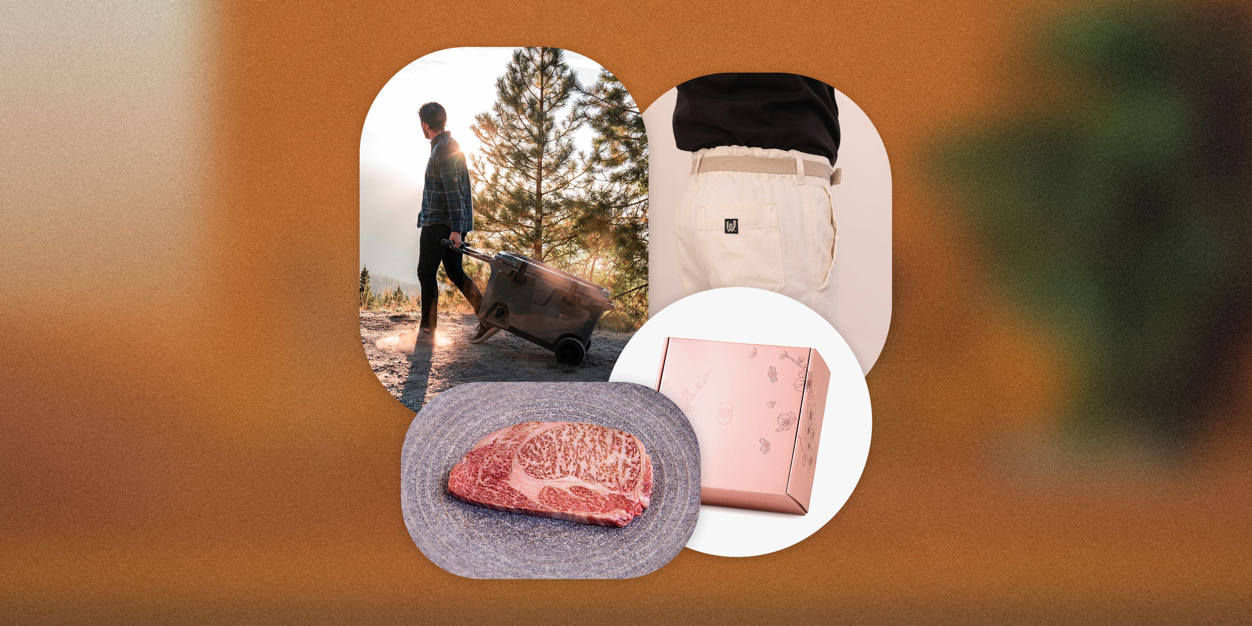 holy grail steak co hitachi gyu japanese a5 wagyu, brümate brutank, bokksu sakura box, and white bark workwear hemp unisex work pant