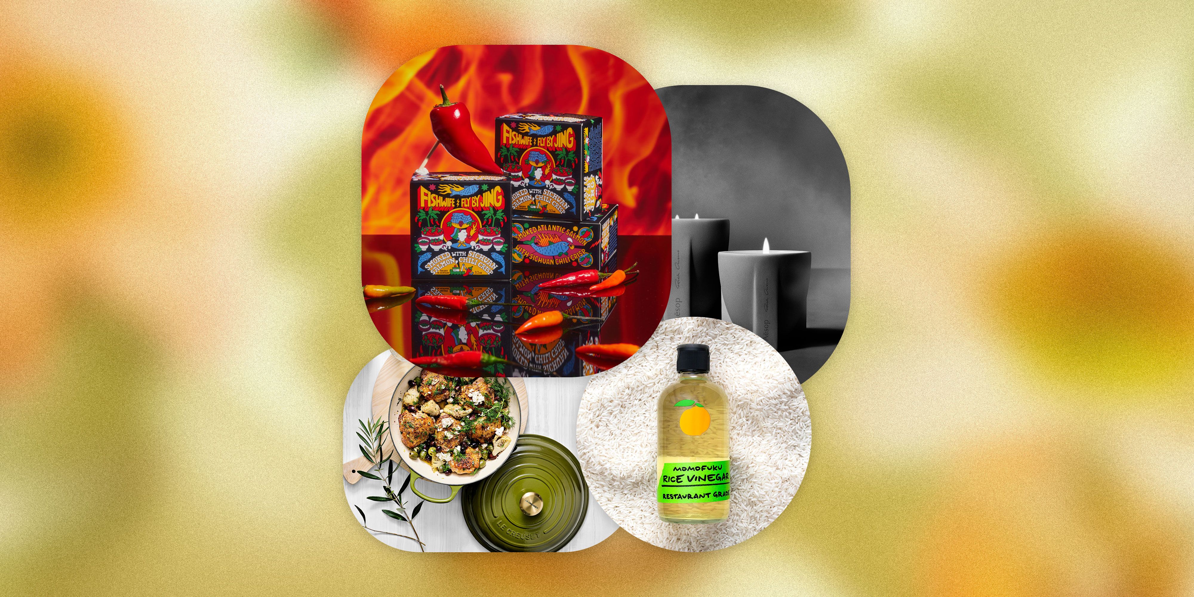 fly by jing x fishwife smoked salmon with sichuan chili crisp, momofuku rice vinegar, williams sonoma x le creuset olive, and aesop x rick owens stoic aromatique candle