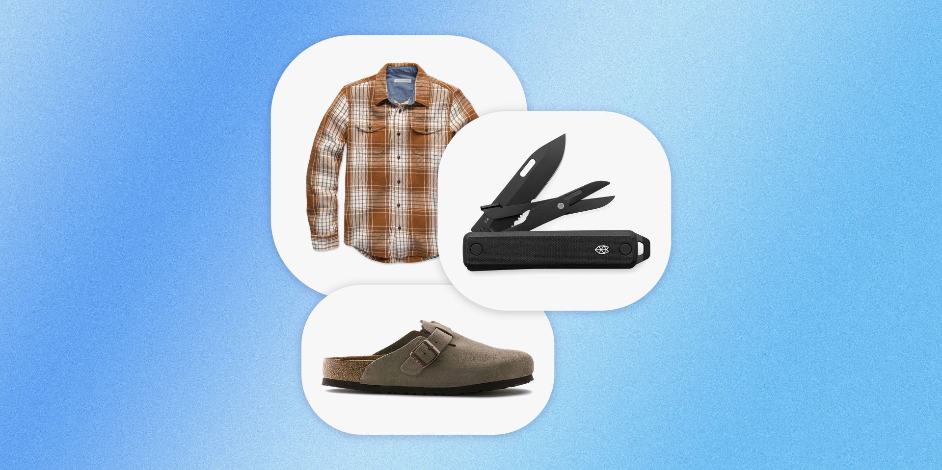 the james brand the ellis knife, todd snyder birkenstock boston suede shoes, and outerknown blanket plaid shirt in cedar