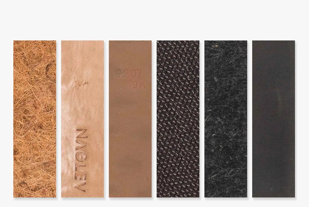 coconut fibers, leather, kevlar and other materials on a white background