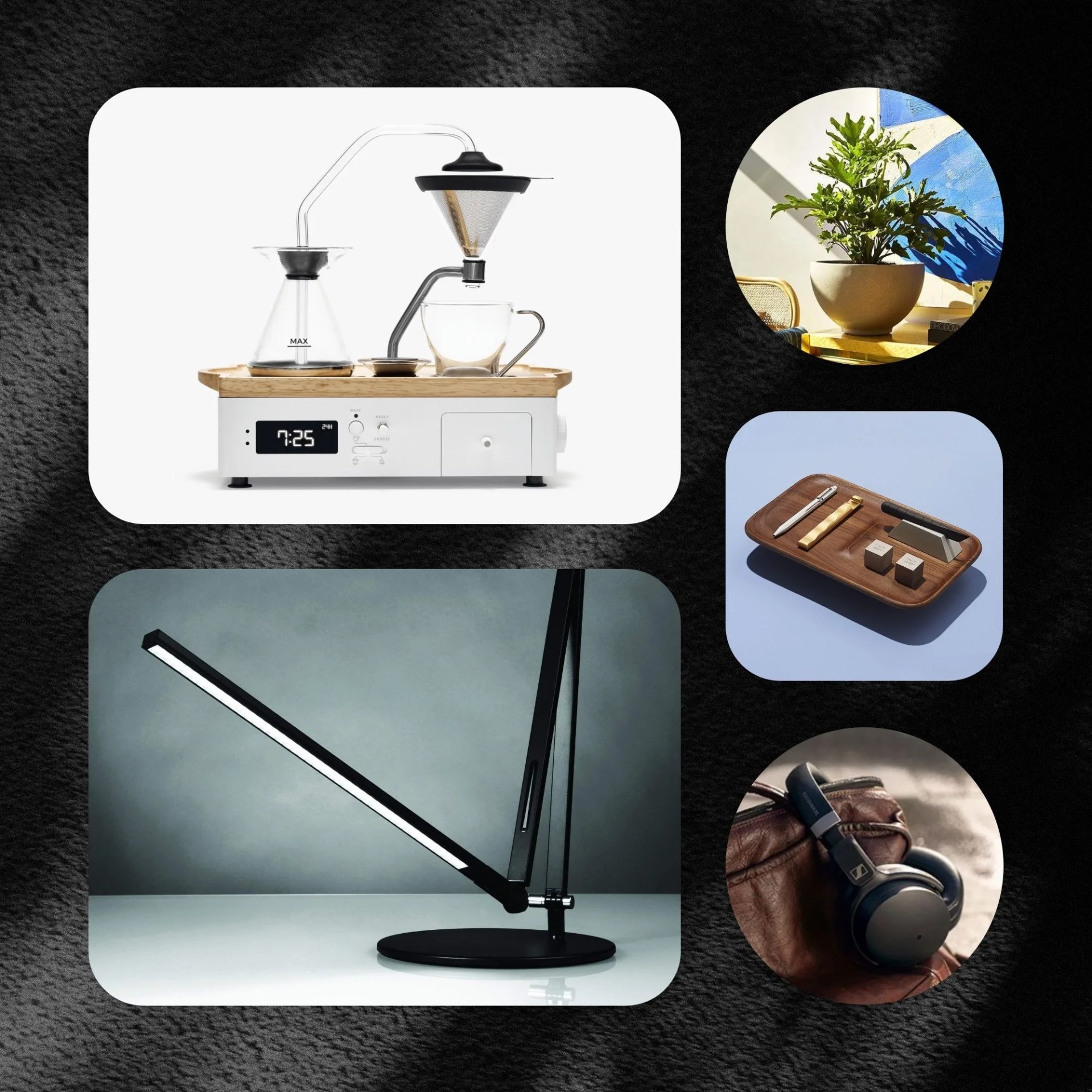 products available in the design milk shop including a barisieur tea coffee alarm clock, sennheiser hd 450bt headphones laying on a leather bag, a craighill nocturn catch tray with desk essentials on top of it, a z bar desk lamp, and a milton 41 large planter with a plant growing out of it