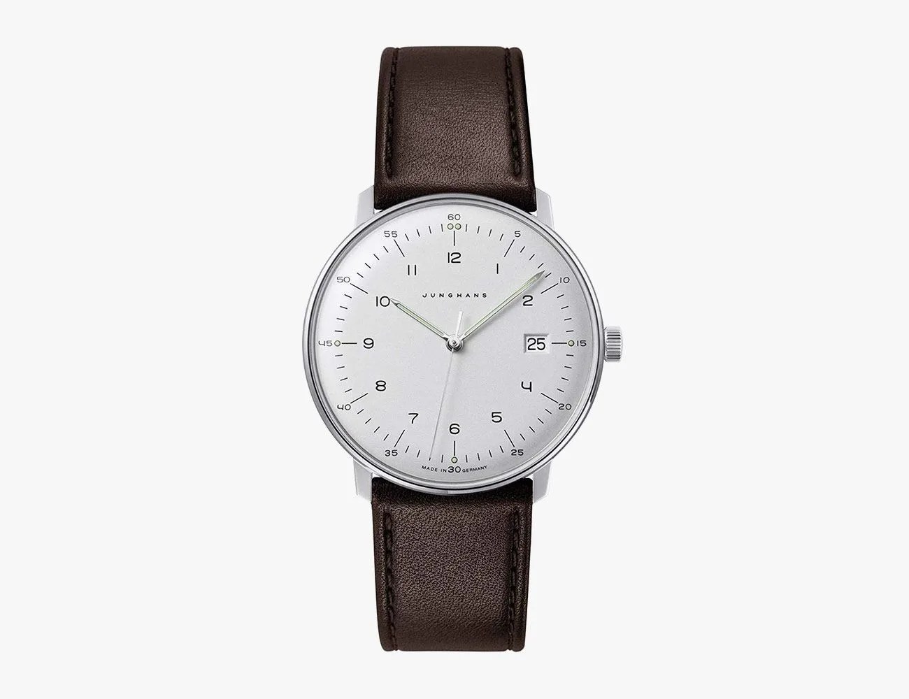 Junghans Men's Max Bill Stainless Steel Quartz Watch with Leather Calfskin Strap, Brown, 20 (Model: 041/4461.04)