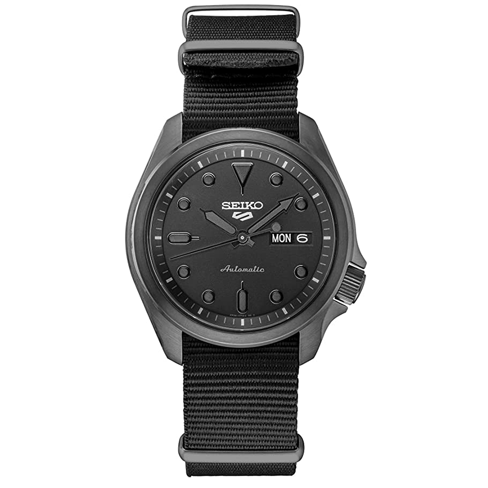 Seiko Men's 5 Sports Stainless Steel Automatic Watch with Nylon Strap, Black, 22 (Model: SRPE69)