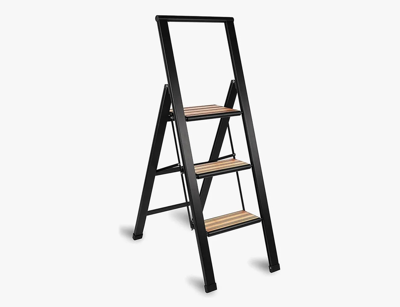 sorfey premium 3 step modern bamboo ladder lightweight, ultra slim profile, anti slip steps, sturdyportable for home, office, kitchen, photography use, black aluminum finish