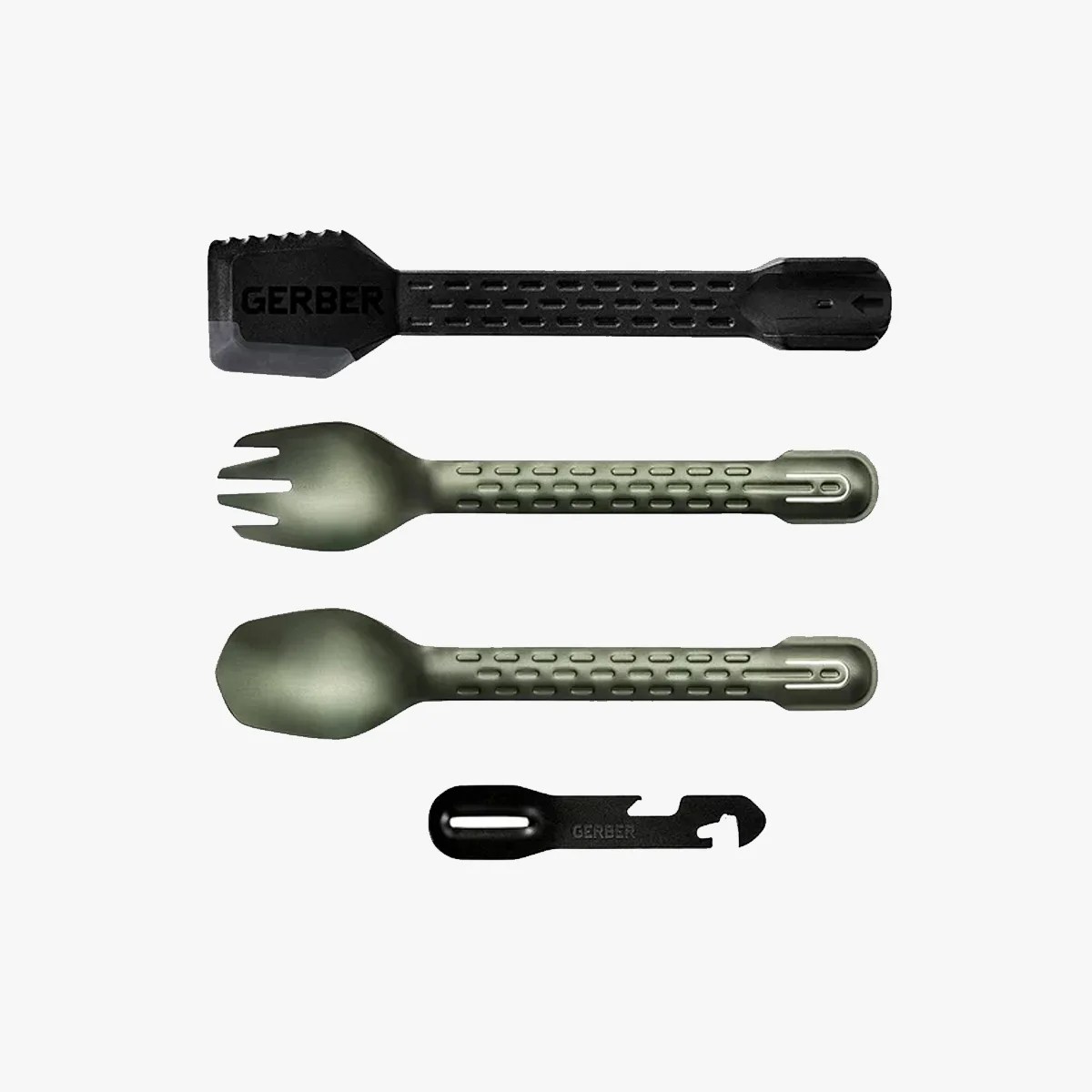 Gerber compleat outdoor utensil set arranged on a flat white background with each item resting horizontally parallel to each other.
