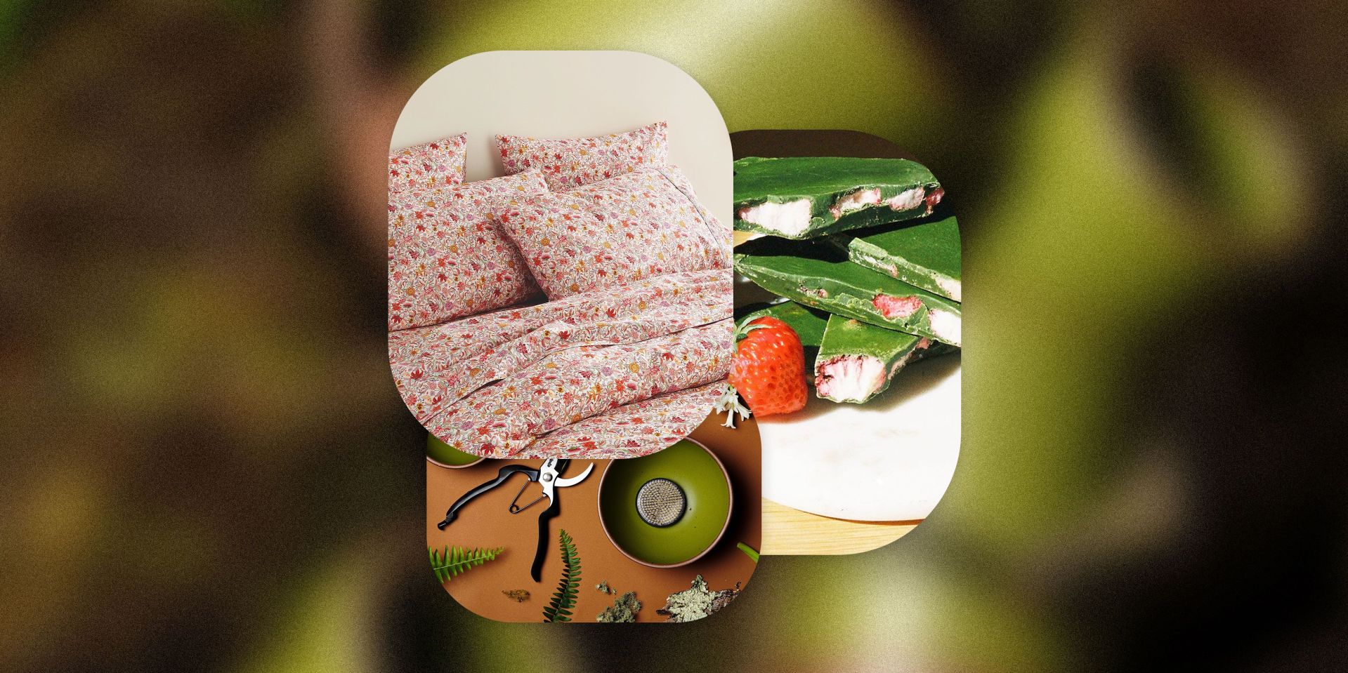 jcrew x liberty bedding, oishii x nekohama omakase chocolate bark, and east fork fiddlehead