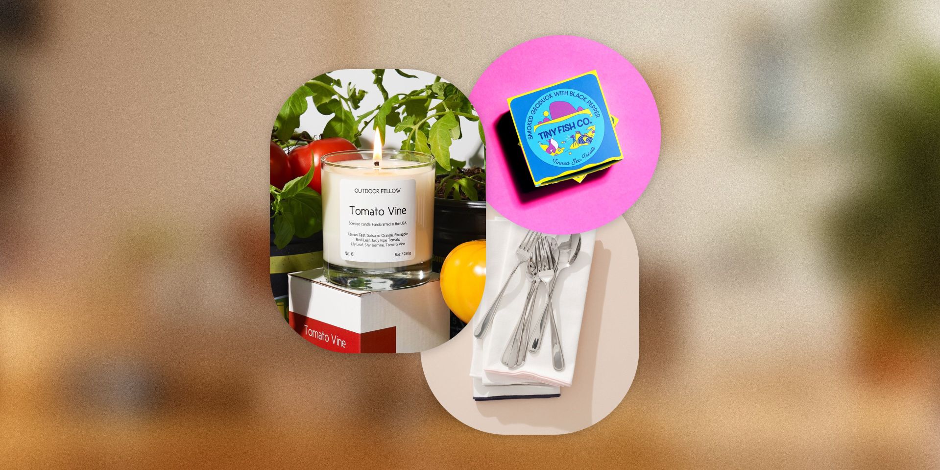 outdoor fellows tomato vine candle, tiny fish co smoked geoduck with black pepper, year and day x atelier saucier the everyday napkin