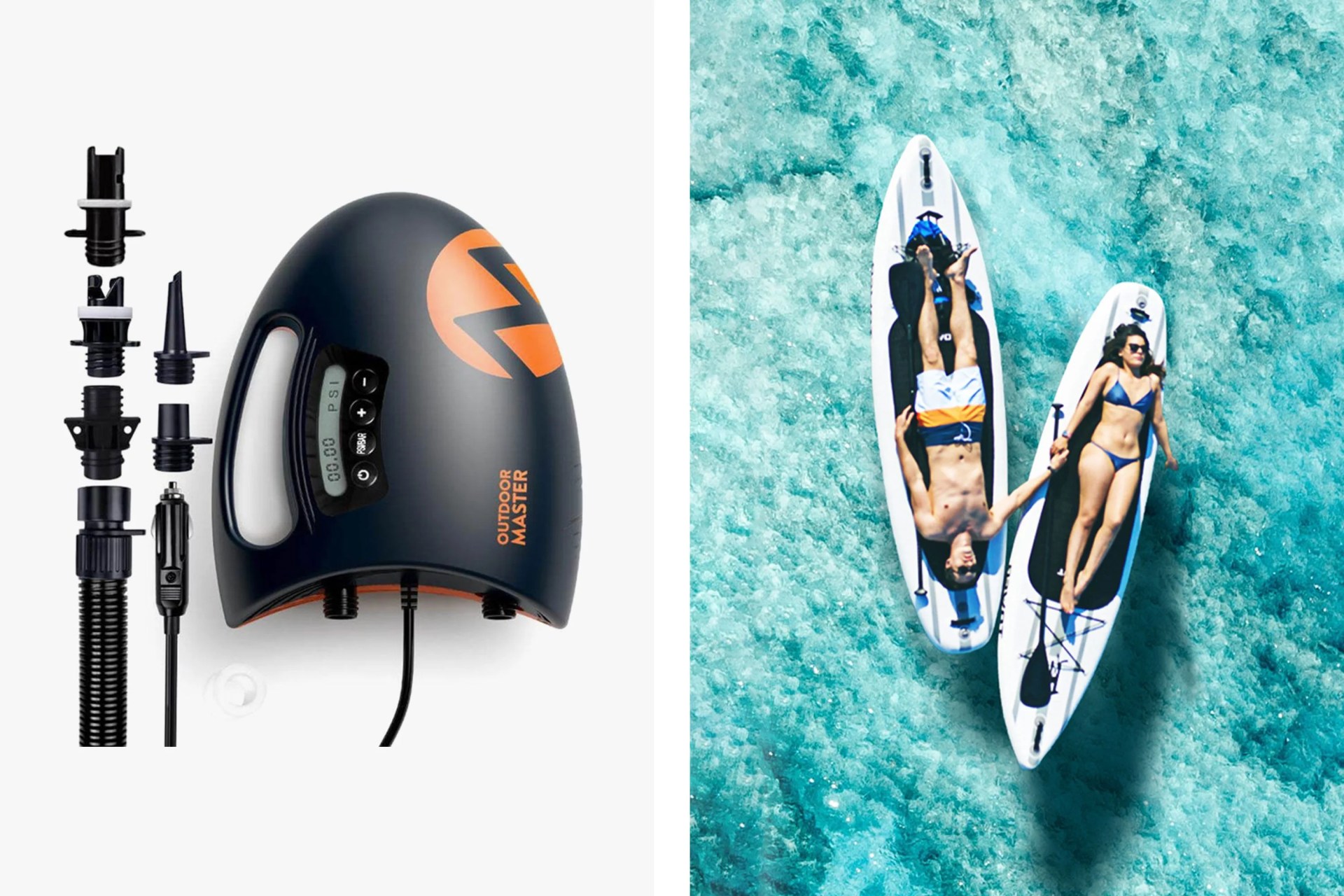 outdoor master air pump with two people floating on paddleboards