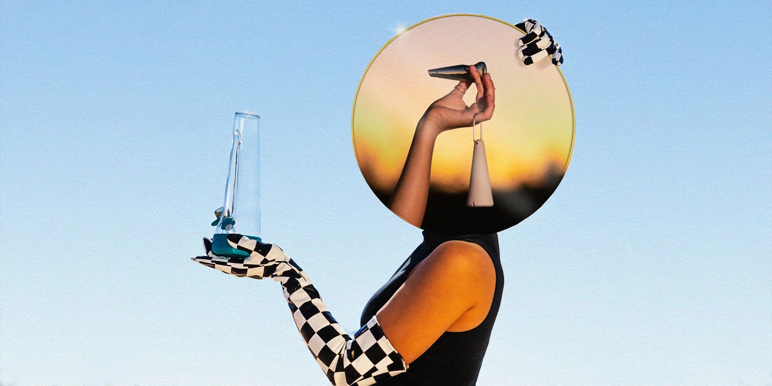 surrealism picture of woman holding bong in one hand an in another a mirror covering her head