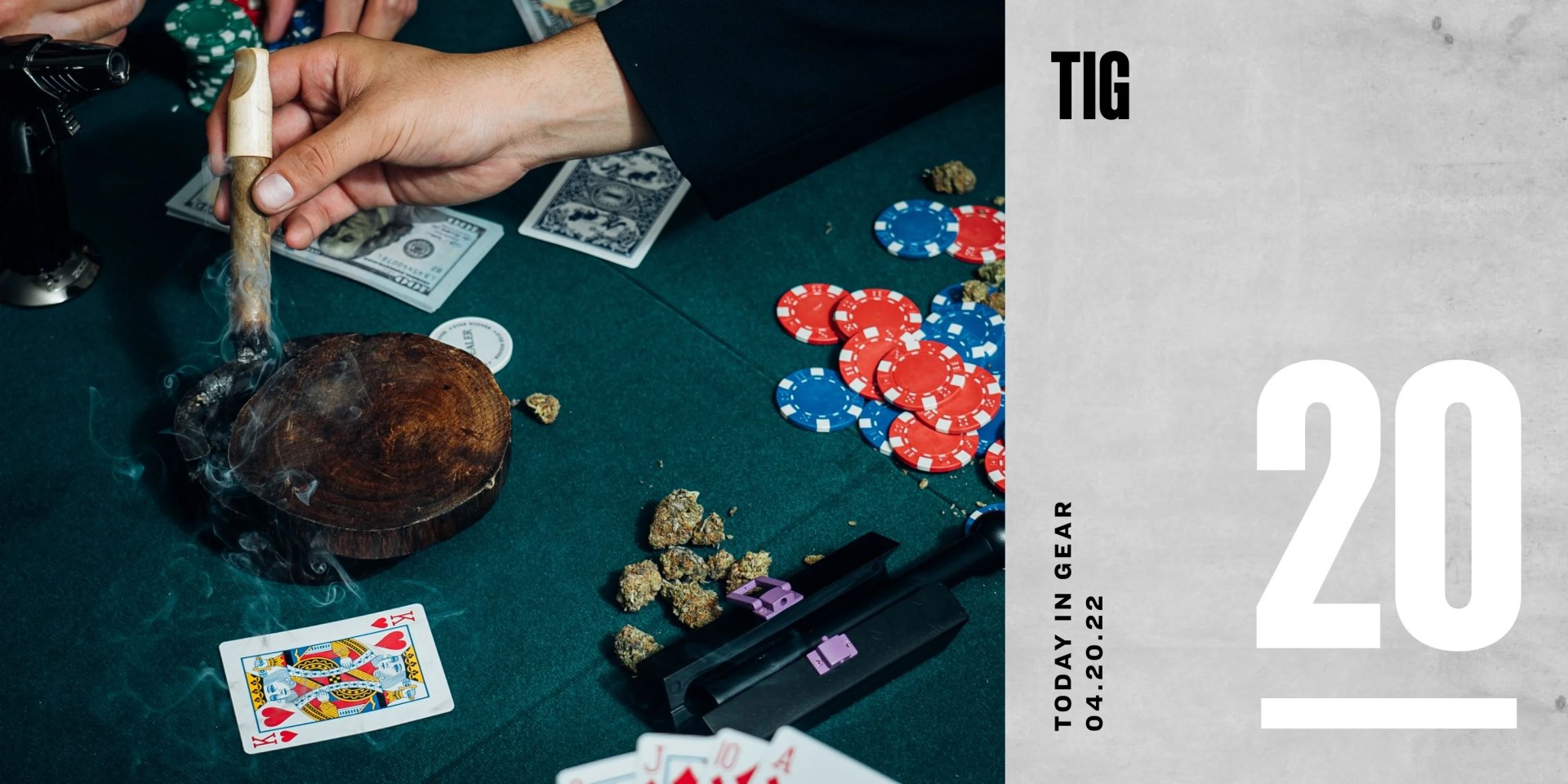 today in gear april 20 2022 hand holding a blunt over a an ashtray on a poker table with purple rose's cannamold
