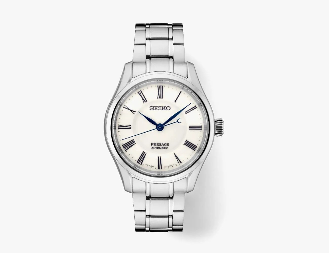 product image of a seiko watch with whit dial and black roman numerals on a steel bracelet