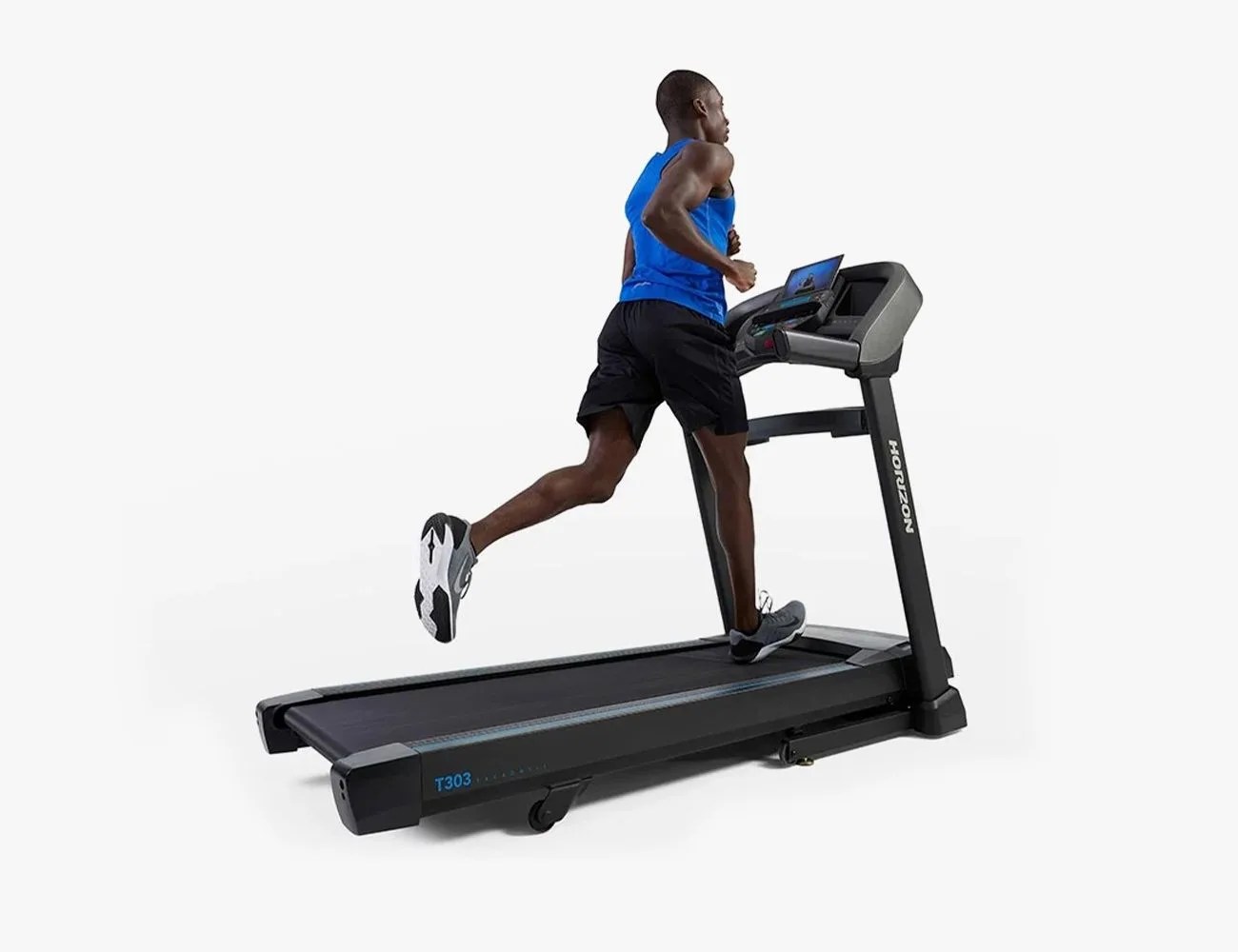 man running on a horizon fitness t303 treadmill