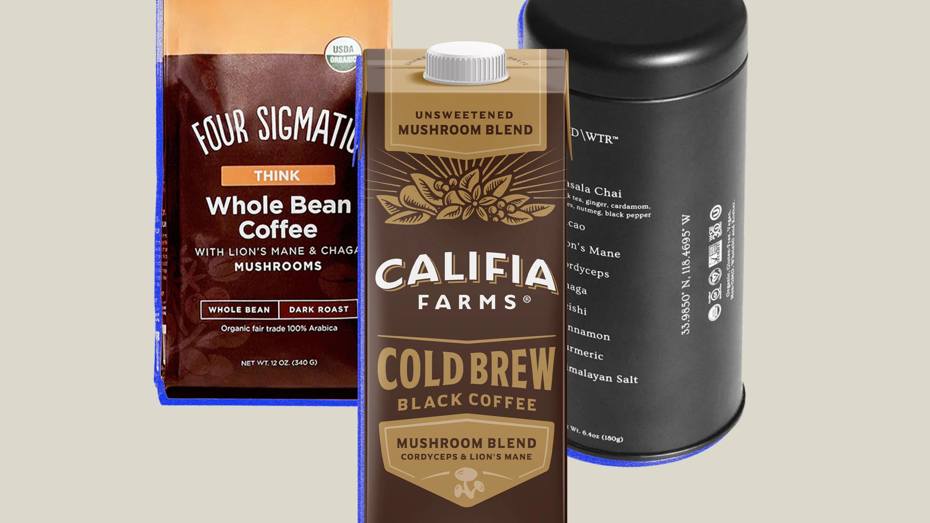 four sigmatic whole bean coffee, califia farms cold brew coffee, mud wtr coffee