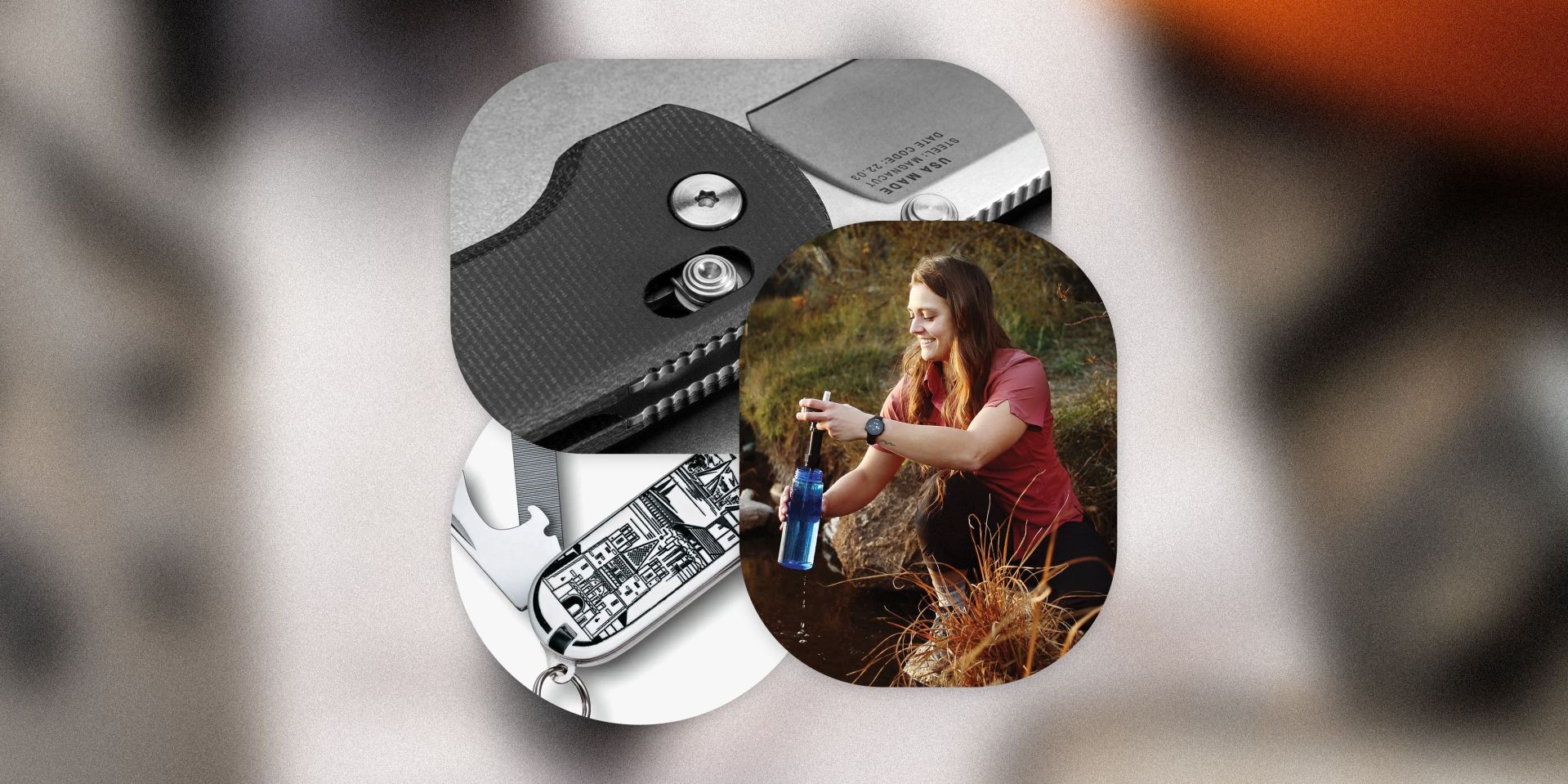 collage of the james brand kline, woman using sawyer bottle water filtration system and victorinox cadet swiss spirit 2022