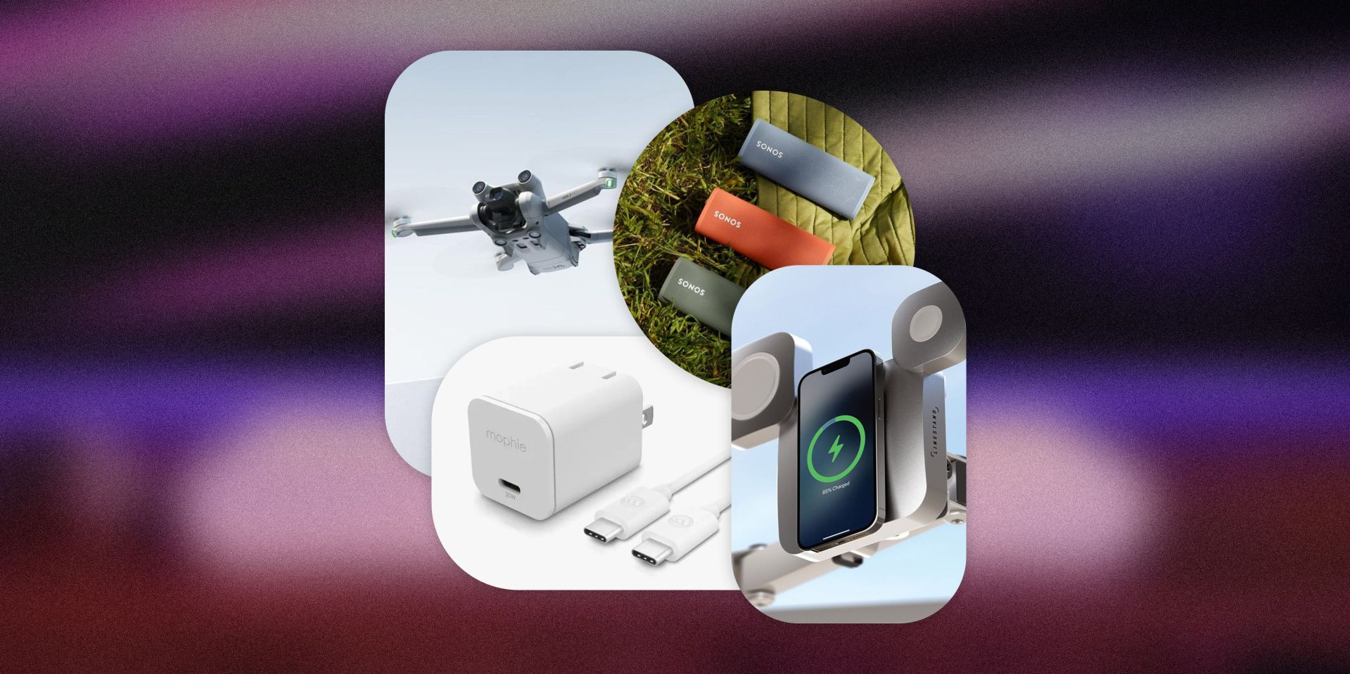 dji pro, sonos roam, mophie charger, and line stand