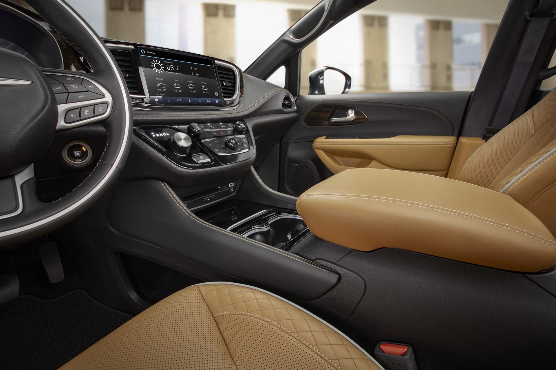 the new top of the line 2021 chrysler pacifica pinnacle model offers the most luxurious interior in its class, with a new integrated ultra console that seamlessly blends into the instrument panel, armrests relocated from the seats to the console, three rows of caramel nappa leather seats and the all new uconnect 5 system with a 101 inch touchscreen, the largest touchscreen in its class