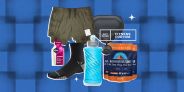 collage of fitness shorts, a theragun, socks, a water bottle, and protein supplements