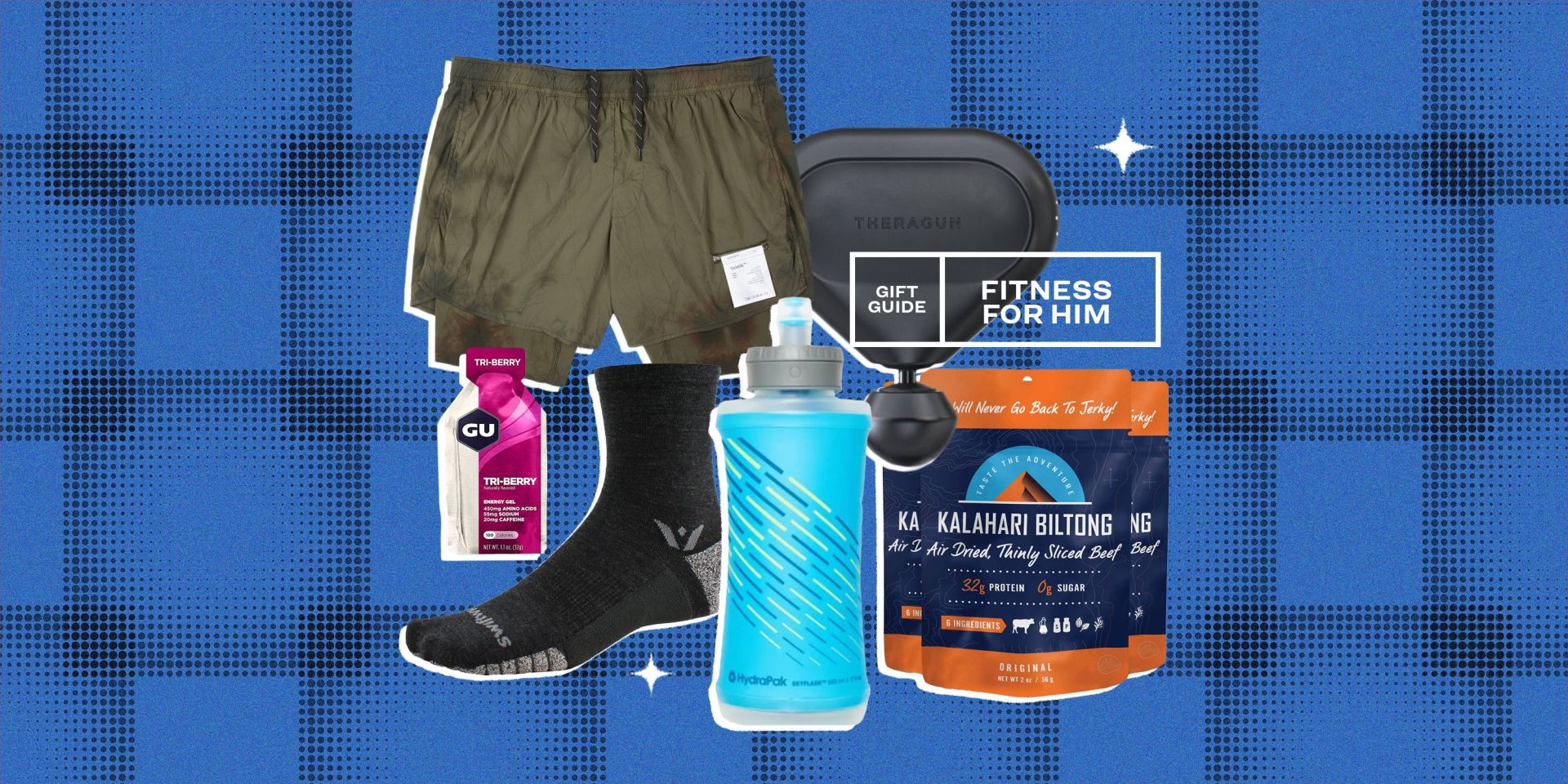 collage of fitness shorts, a theragun, socks, a water bottle, and protein supplements