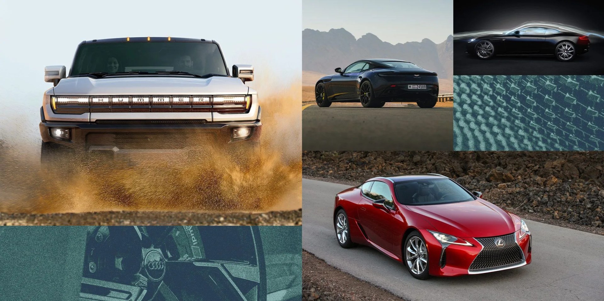 collage of 2022 aston martin db11, 2022 audi rs 6 avant, 2022 gmc hummer ev, and 2022 lexus lc