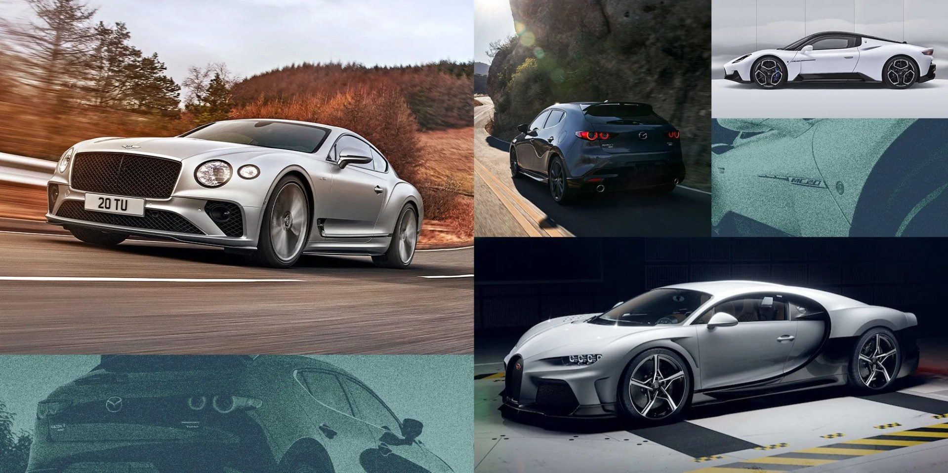 2021 mazda3 hatchback, 2022 bentley continental gt speed, 2022 bugatti chiron super sport, and 2022 maserati mc20