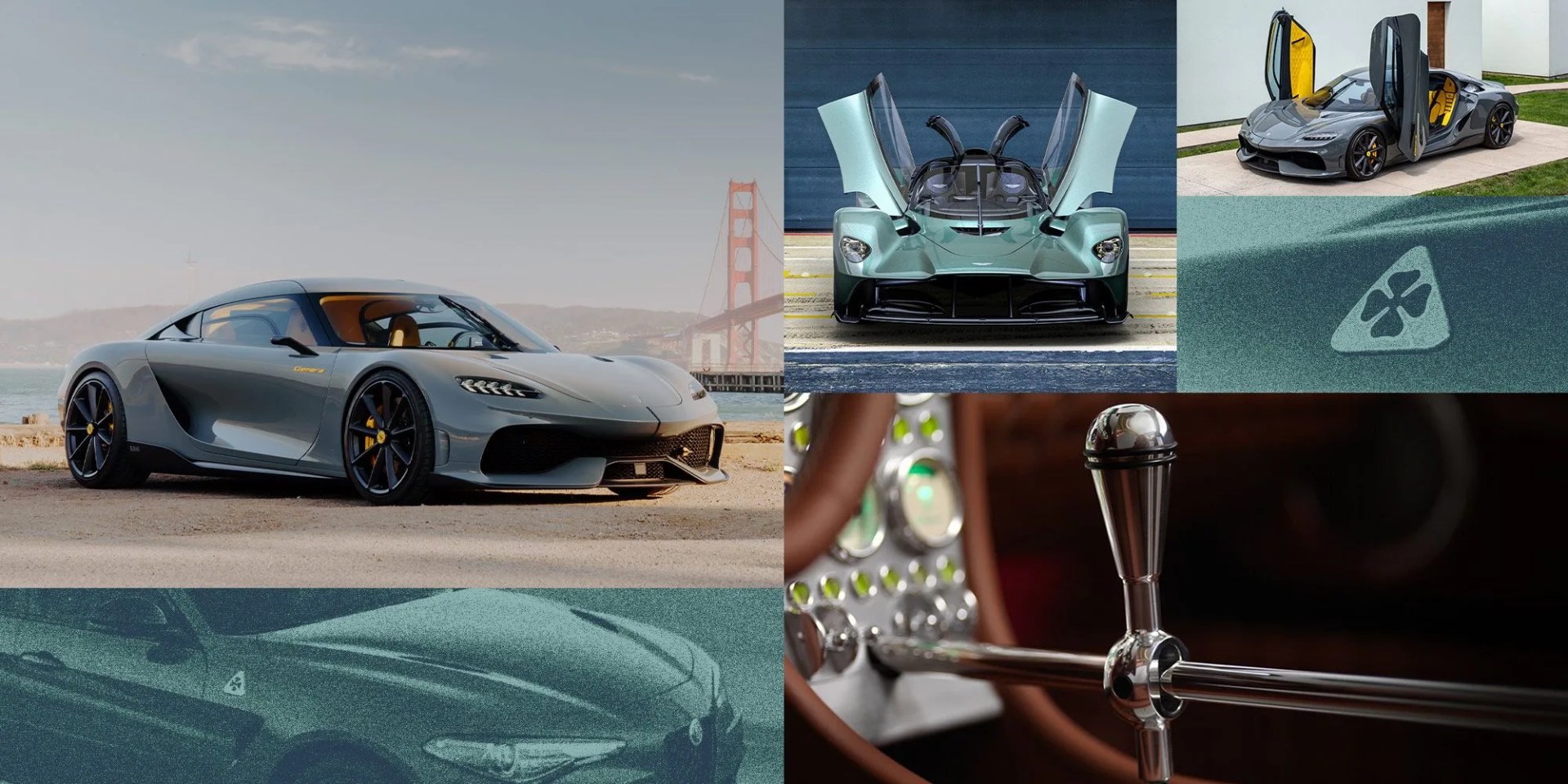 koenigsegg gemera, exposed shift levers in spyker c8 preliator, alfa romeo quadrifoglio badge, and aston martin valkyrie