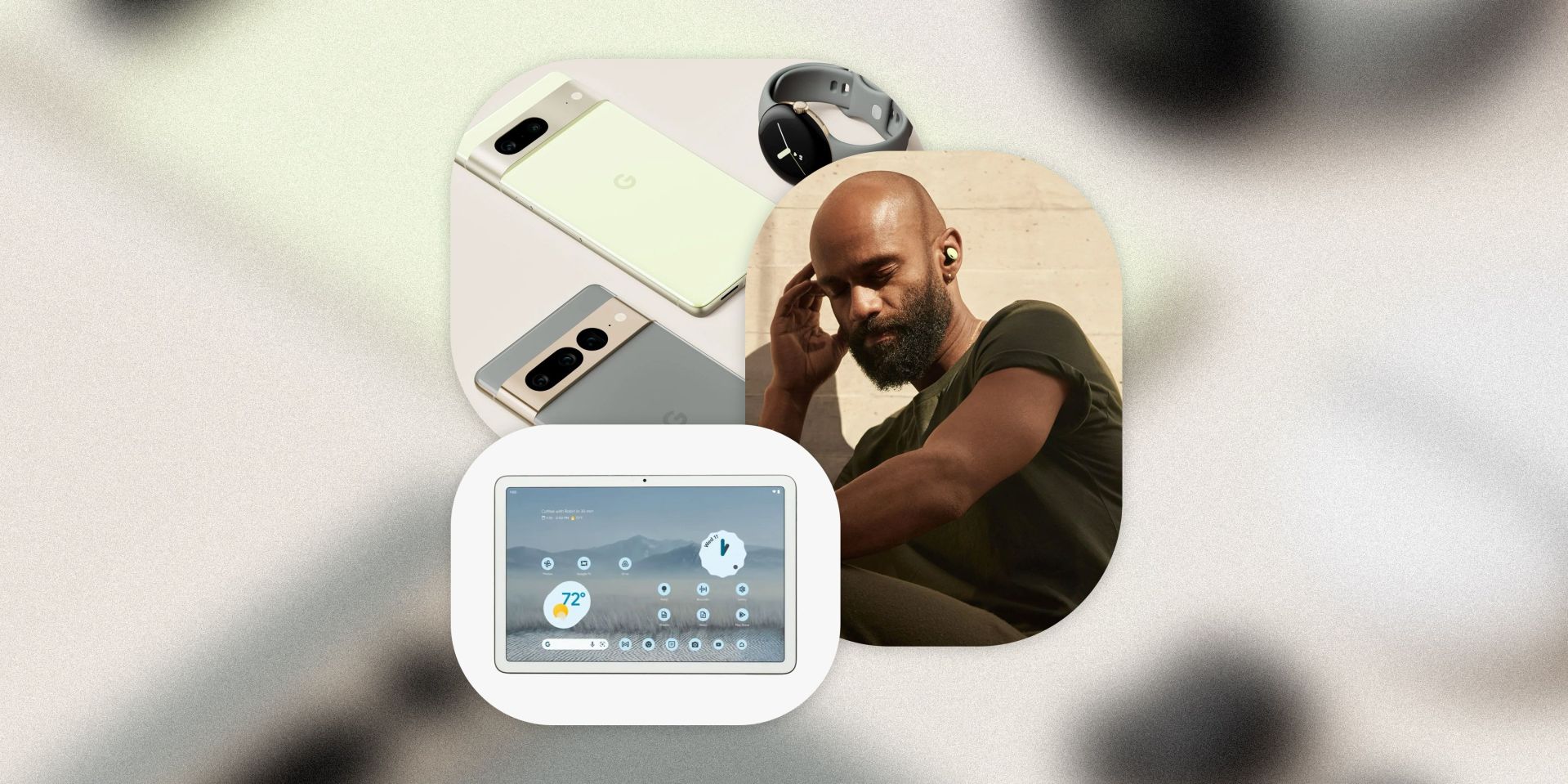 google products man listening on pixel buds pro, pixel tablet, and pixel 7 and 7 pro