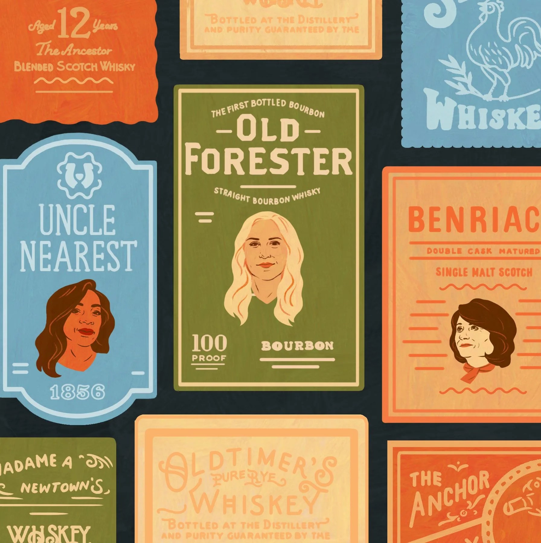 women on illustrated labels of whiskey featuring old timer bourbon, spirit whiskey, uncle nearest, madame a, old forester, old timer whiskey, benriach, the anchor rye