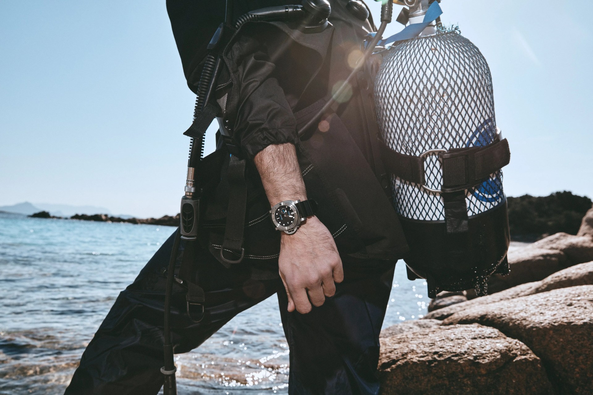 man wearing panerai watch with scuba gear