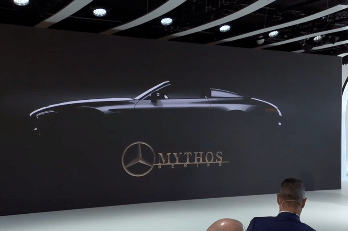 mercedes presentation teaser of its new mythos lineup with the silhouette of a new speedster