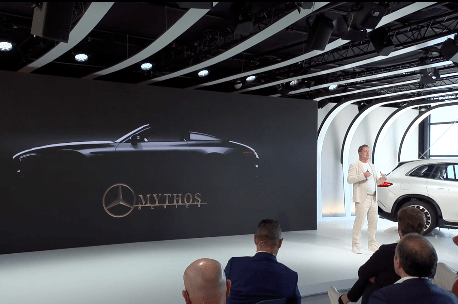 mercedes presentation teaser of its new mythos lineup with the silhouette of a new speedster