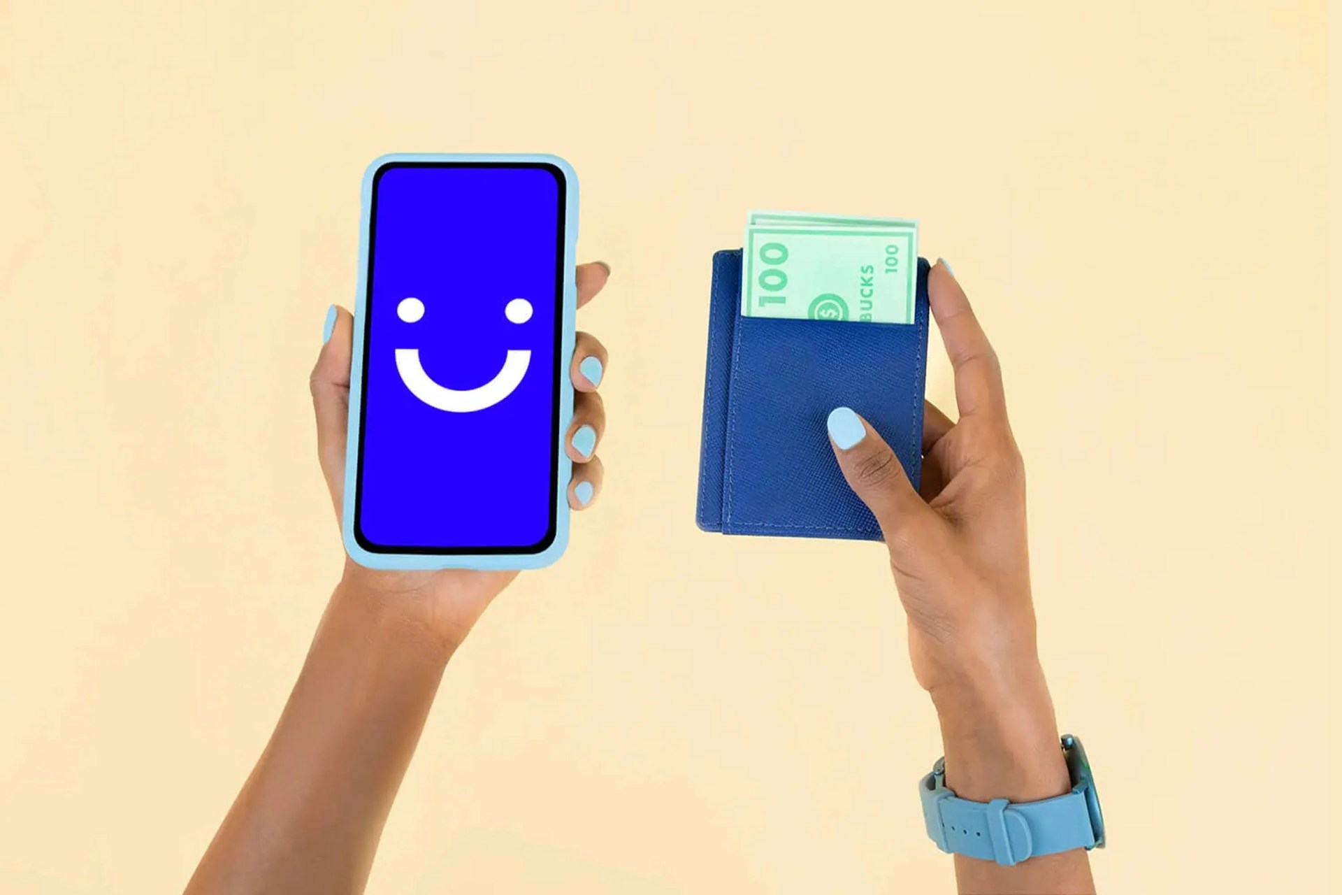 hands holding phone with visible app and wallet with fake money