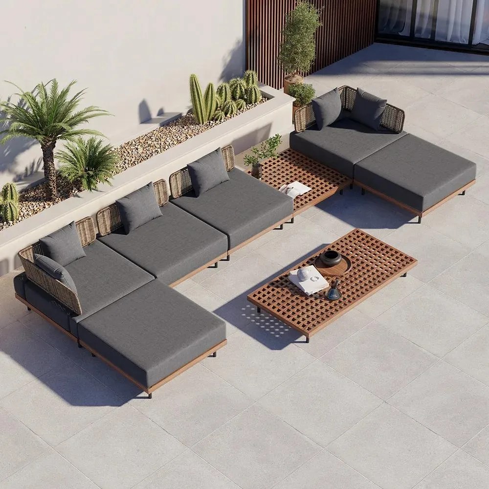 8Pcs Teak & Aluminum & Rattan Outdoor Sectional Sofa Set with Coffee Table and Cushion