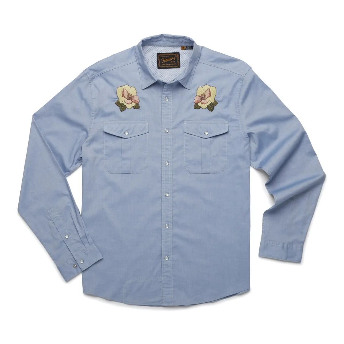 Gaucho Snapshirt in Irie Hibiscus: Faded Blue Oxford