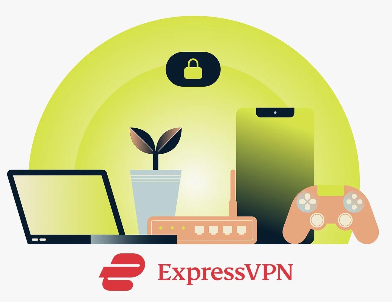 graphic with laptop, phone screen, video game console, and internet connection for express vpn