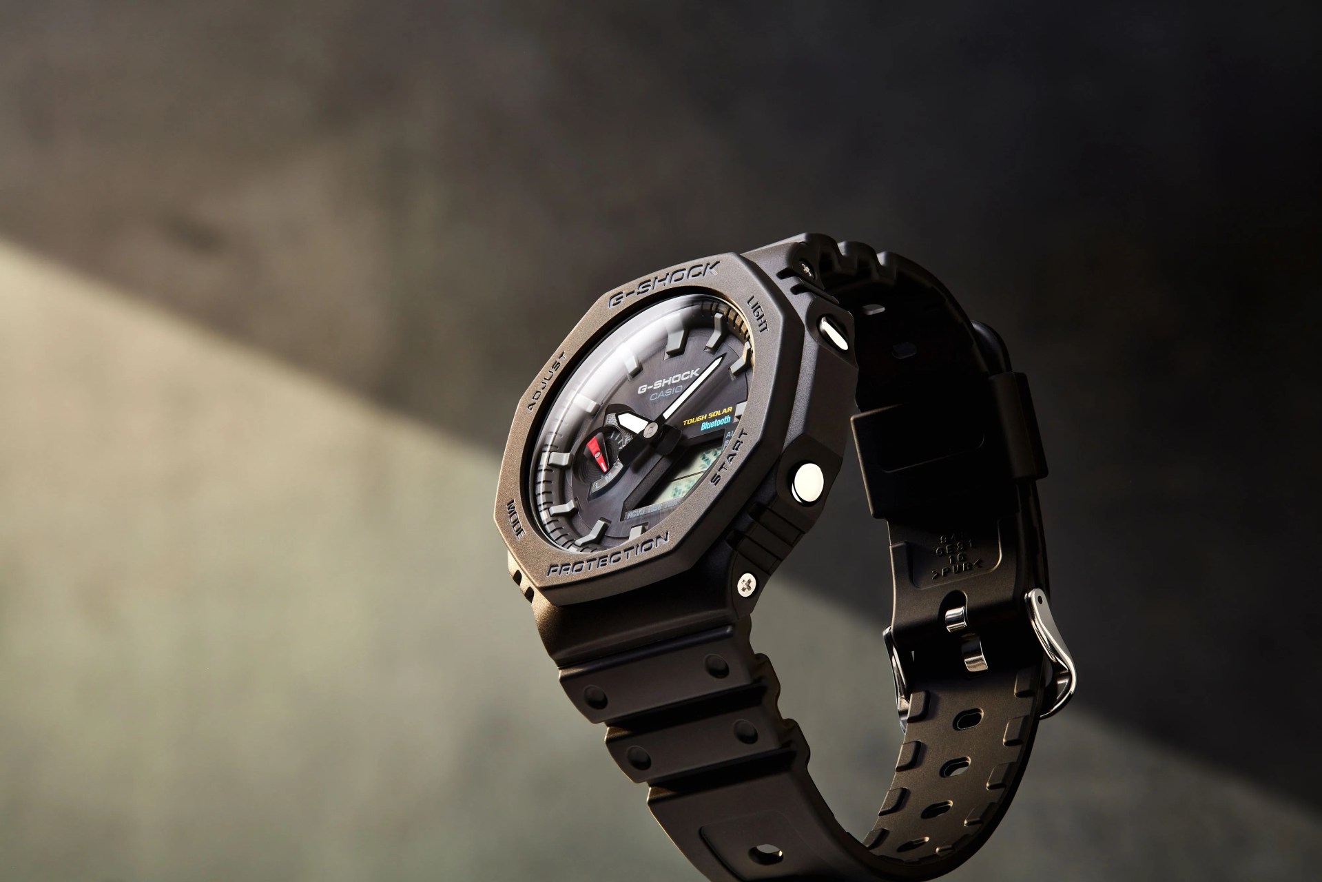 studio shot of black gshock solar powered watch