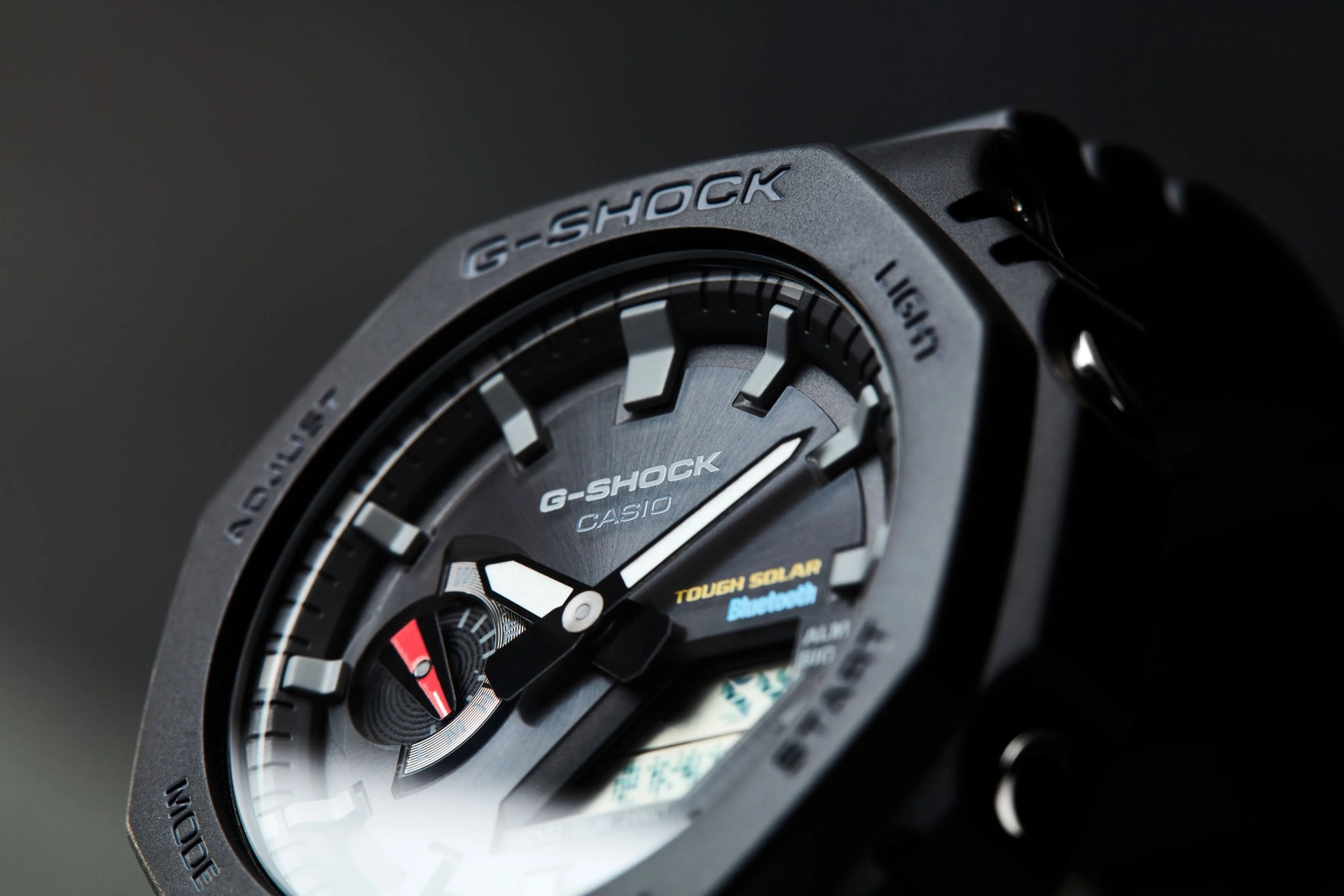 studio shot of black gshock solar powered watch