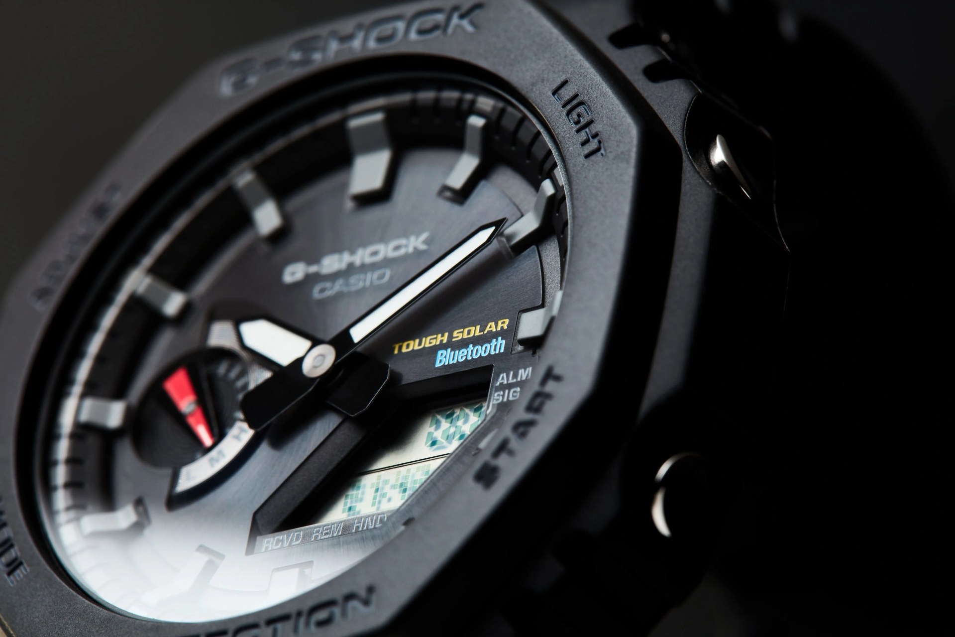 studio shot of black gshock solar powered watch
