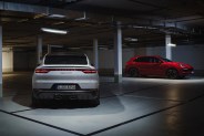 porsche cayenne gts shot from the rear parked in a dark parking garage