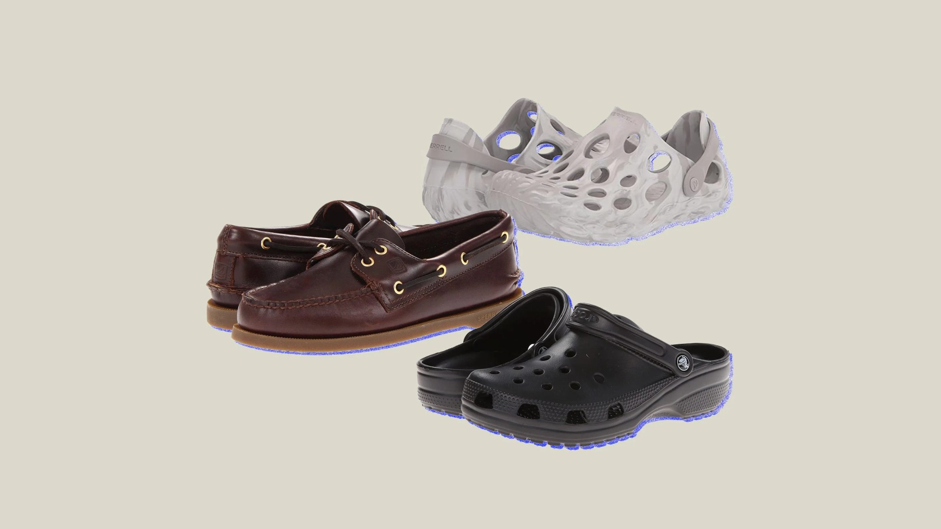 collage of merrell hydro moc shoes, sperry shoes, and original croc shoes