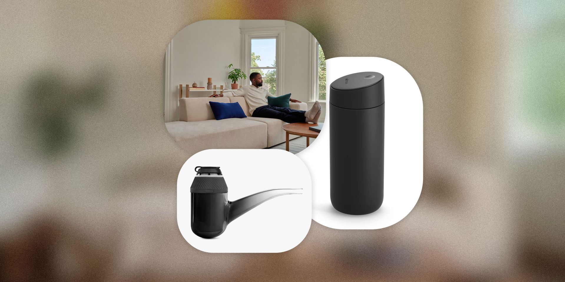 man sitting on a couch, vape pen, and a travel mug in a collage