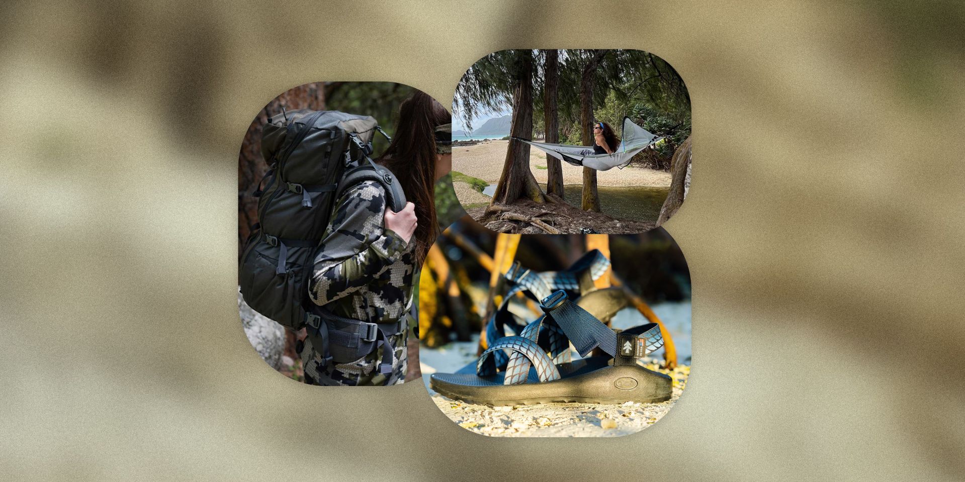 woman wearing backpack, laying in hammock, and chaco sandals on sand