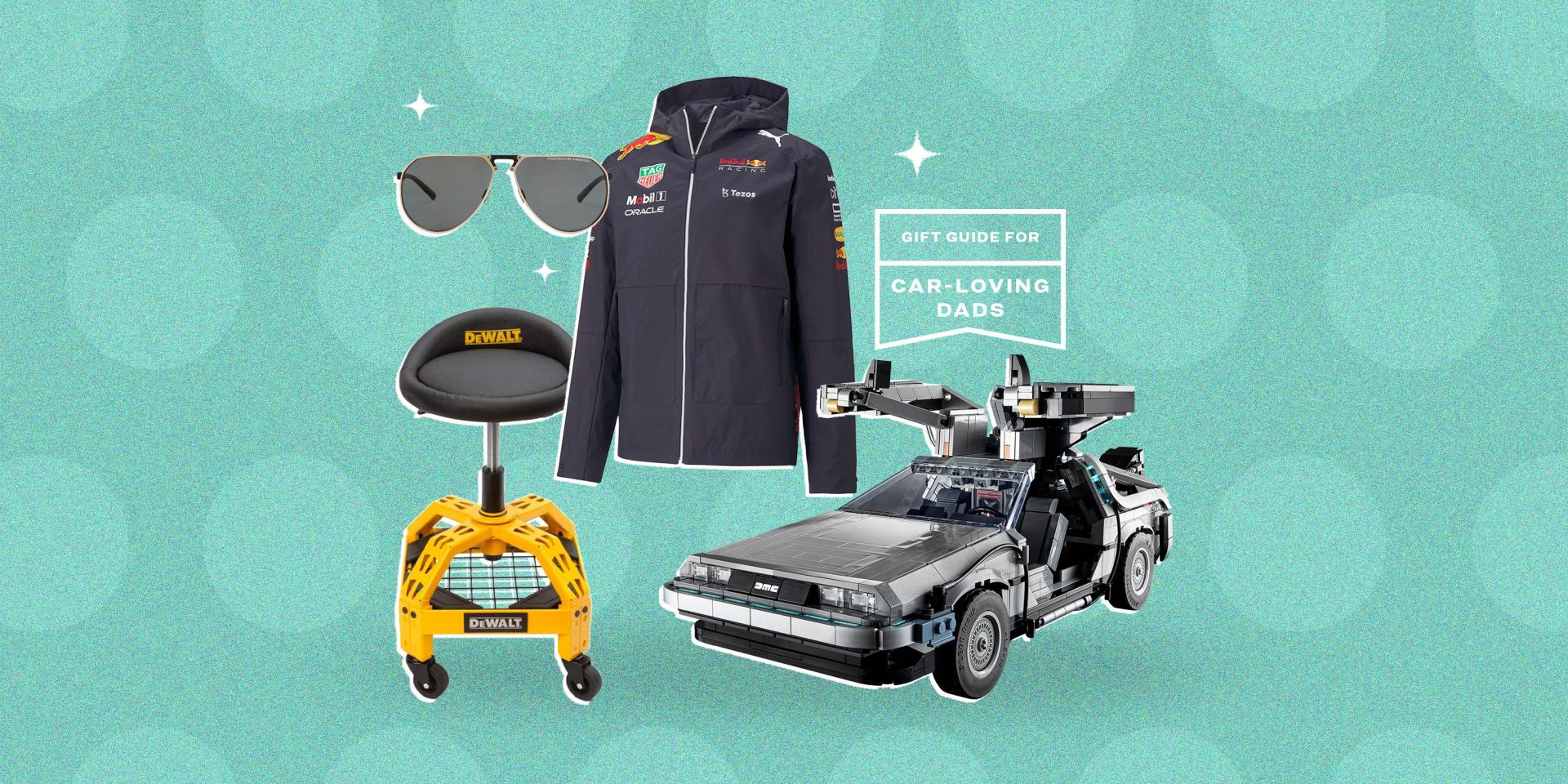 dewalt stool, formula 1 red bull racing rain jacket, porsche sunglasses, and a back to the future lego car