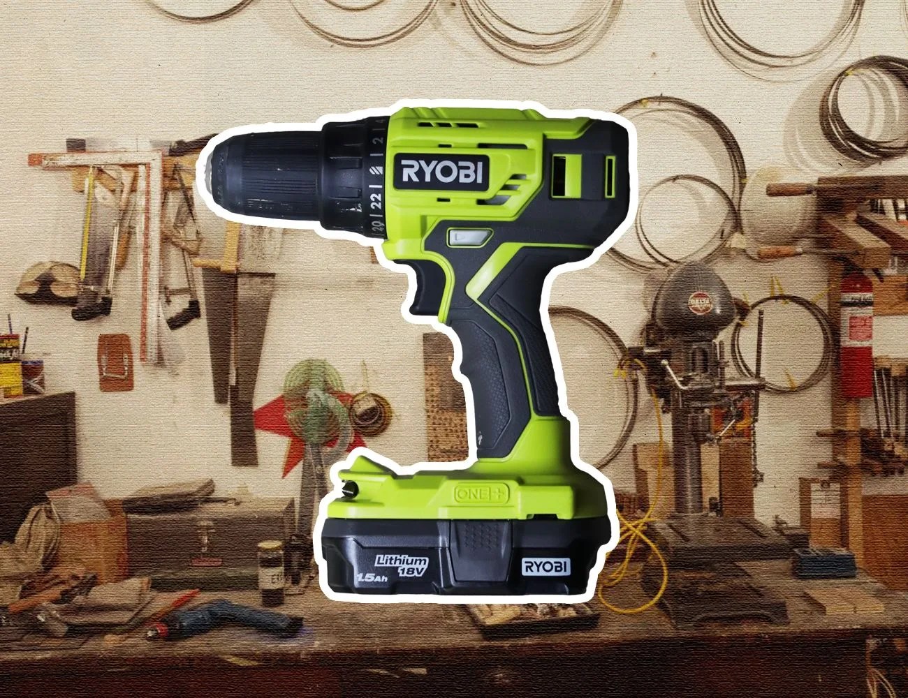 a lime green ryobi drill overlayed on a photo of a work bench