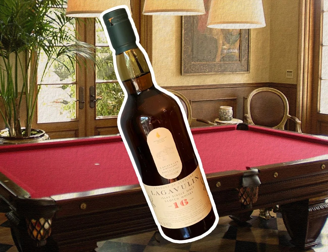 a bottle of lagavulin 16 overlayed on a photo of a vintage pool table