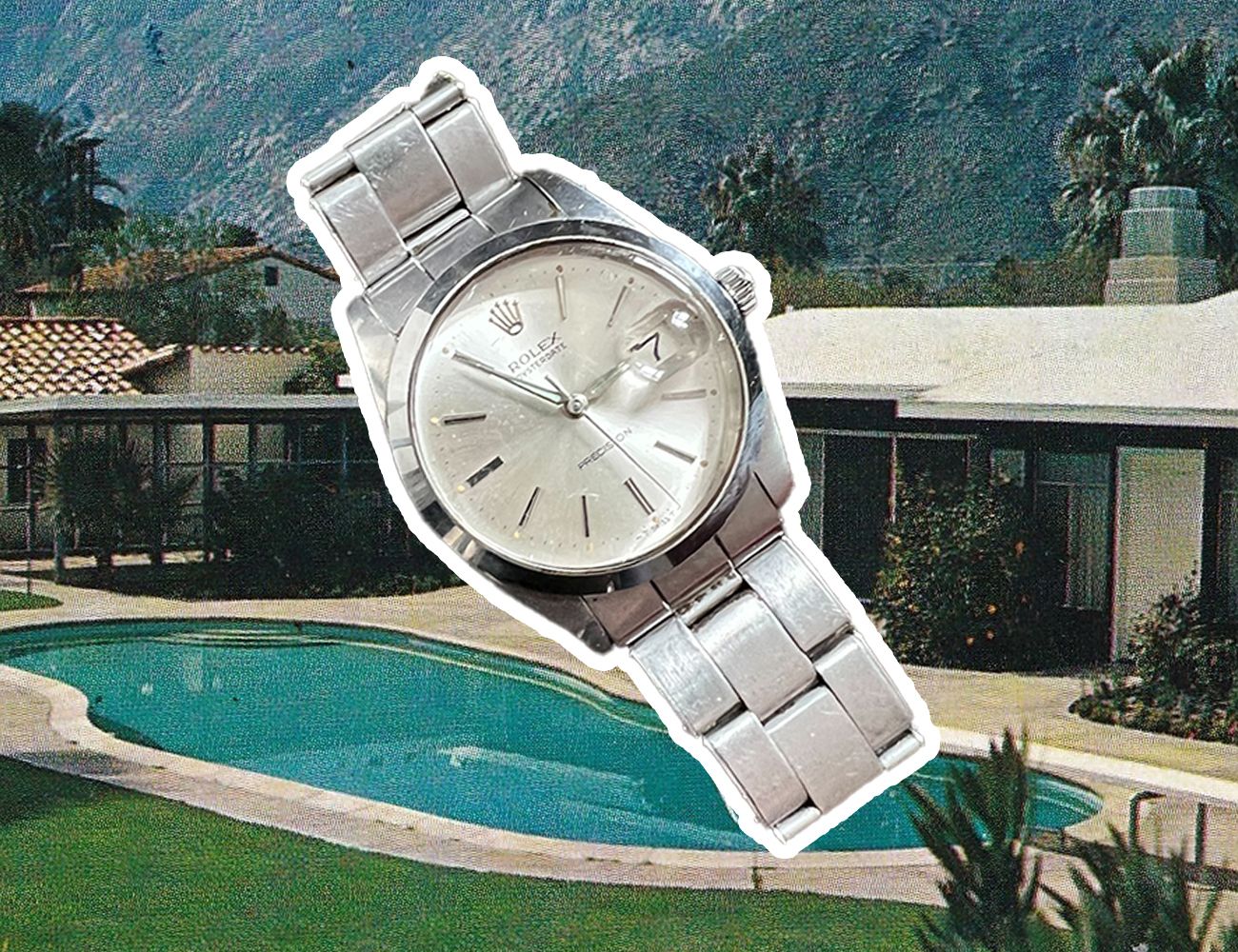 a silver rolex oysterdate precision overlayed on a photo of a house with a pool in the backyard