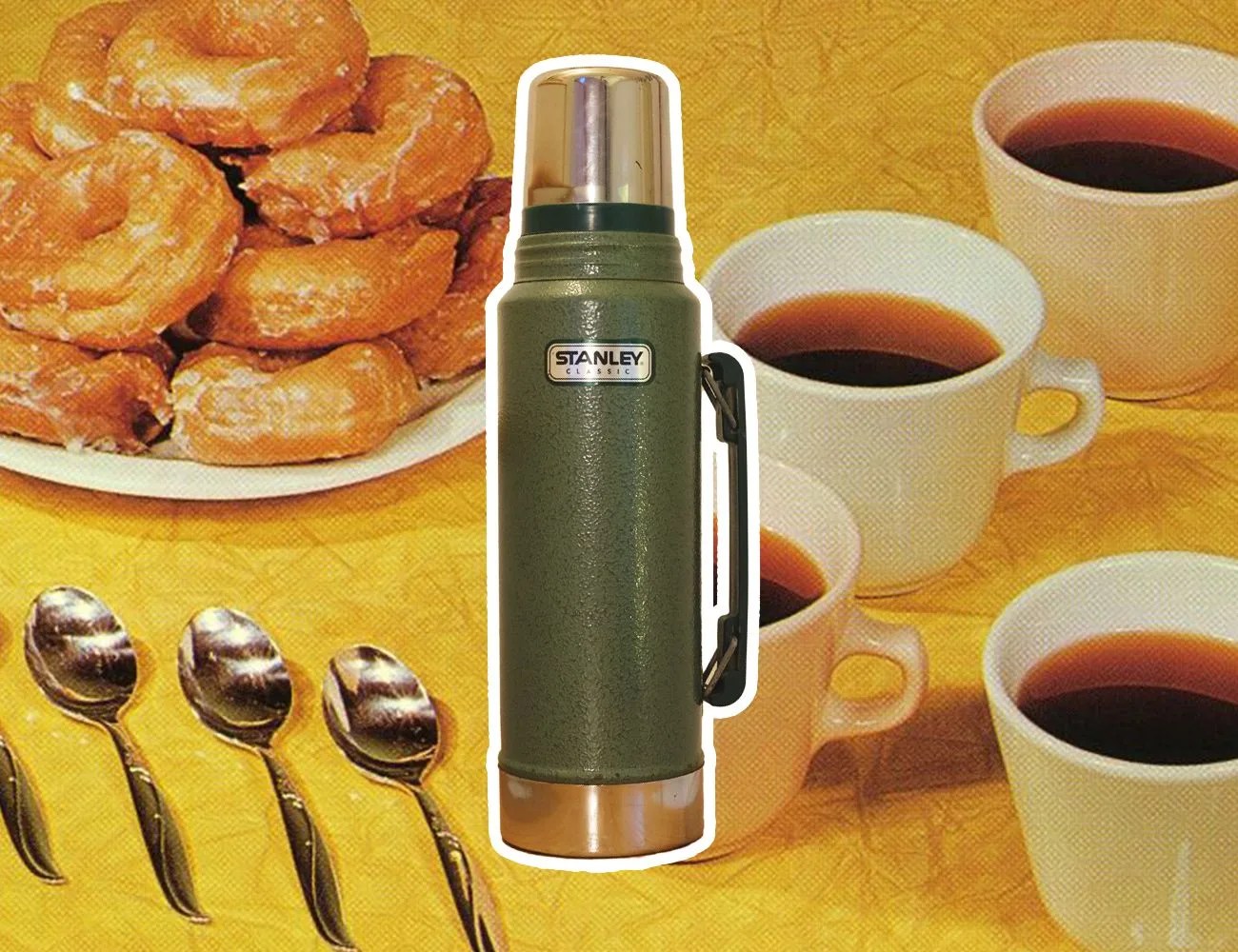 a green stanley coffee coffee thermos overlayed on a photo of a table spread with coffee cups, donuts and spoons